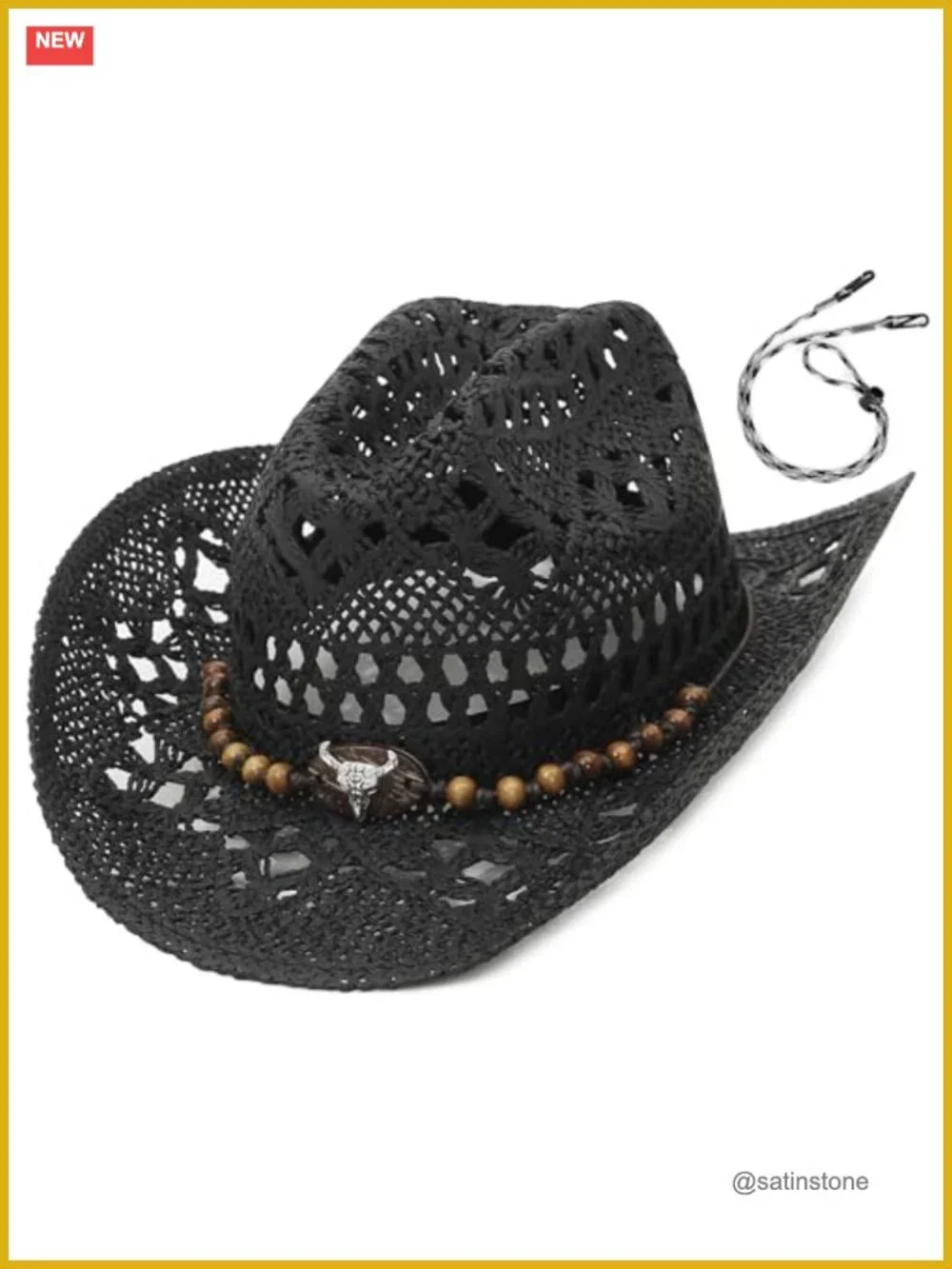 Straw Cowgirl Hat Woven Hollow Out Wide Brim Sun Hat with Chin Strap